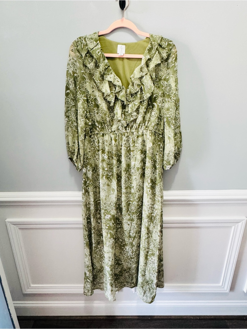 Joie Green Floral Ruffle Midi Dress Size Large Boho Cottagecore - Picture 2 of 8